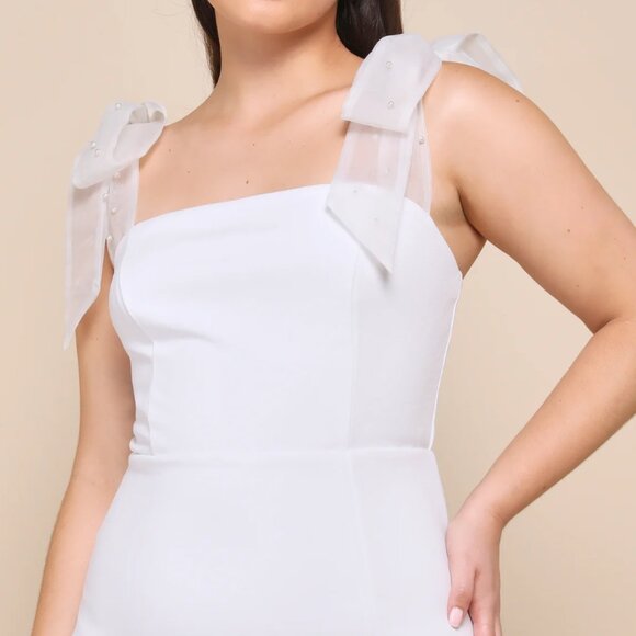 Lulus Beaming Perfection White Pearl Organza Tie-strap Mini Dress - Size L - Picture 6 of 9